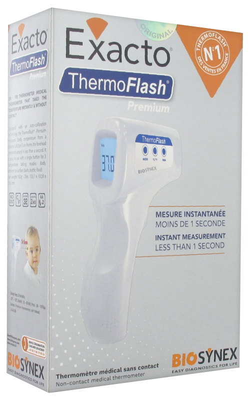 ThermoFlash Premium Thermometre sans contact Biosynex Thermomètre sans contact, totalement indolore. Prise de température frontale.  Mesure instantanée moins de 1 seconde